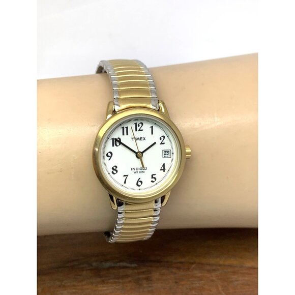 Timex Womens Watch T2H381 Indiglo Quartz Petite 2-Tone White Dial Expansion Band